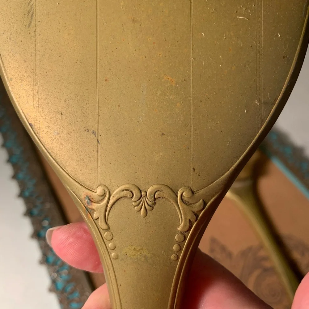 Antique Brass Hand Mirror and Brush Set (B21)